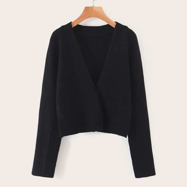 

Solid V-Neck Button Front Cardigan, Black
