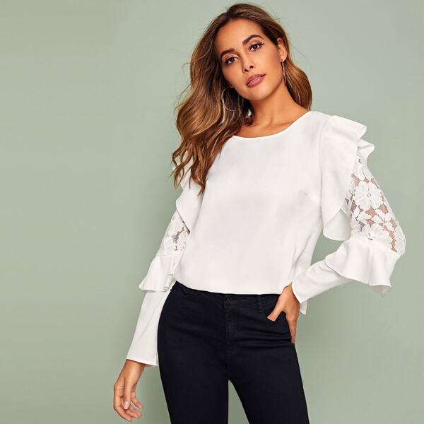 

Flower Lace Insert Ruffle Trim Top, White