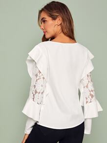 Flower Lace Insert Ruffle Trim Top - White - View 2