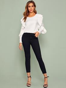 Flower Lace Insert Ruffle Trim Top - White - View 3