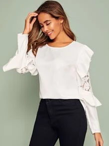 Flower Lace Insert Ruffle Trim Top - White - View 4