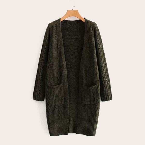 

Solid Dual Pocket Open Front Longline Cardigan, Army green