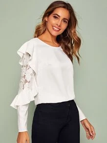 Flower Lace Insert Ruffle Trim Top - White - View 5