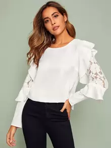 Flower Lace Insert Ruffle Trim Top - White - View 1