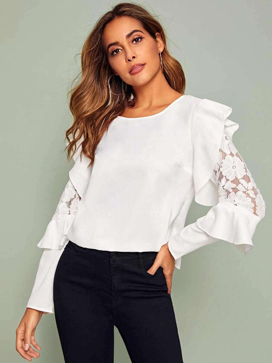 Flower Lace Insert Ruffle Trim Top - White - View 1