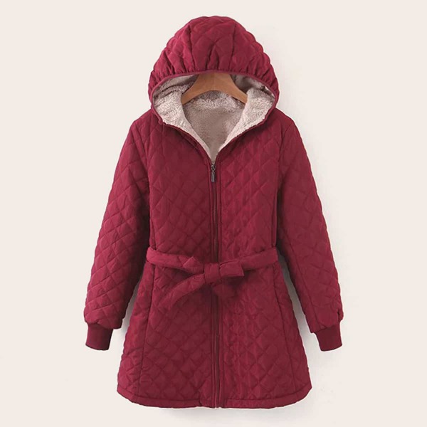 

Zip Up Teddy Lined Belted Hooded Puffer Coat, Burgundy