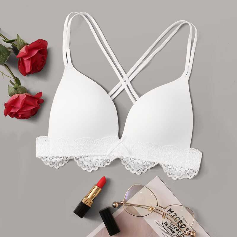 

Double Strap Contrast Lace Bra, White