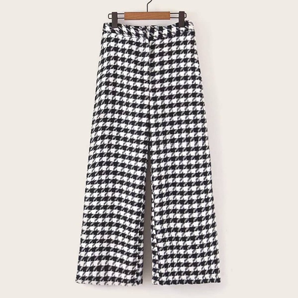 

Houndstooth Wide Leg Elastic Waist Pants, Black and white