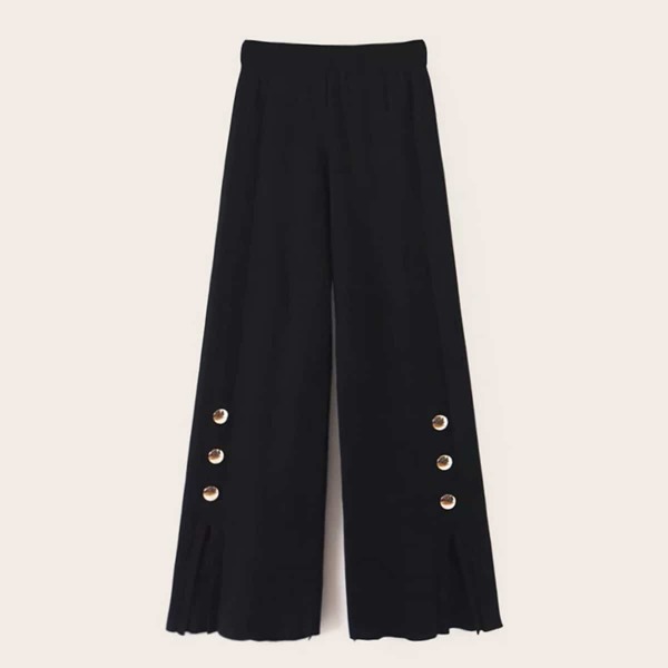 

Button Detail Wide Leg Sweater Pants, Black
