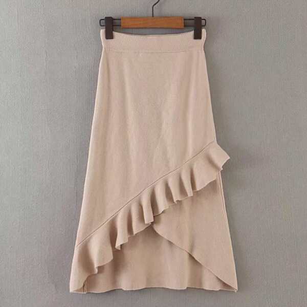 

Asymmetrical Ruffle Hem Sweater Skirt, Beige