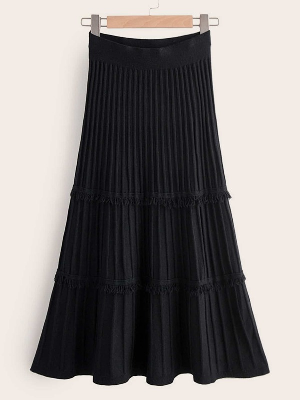 

Frayed Fringe Pleated Flared Hem Sweater Skirt, Black
