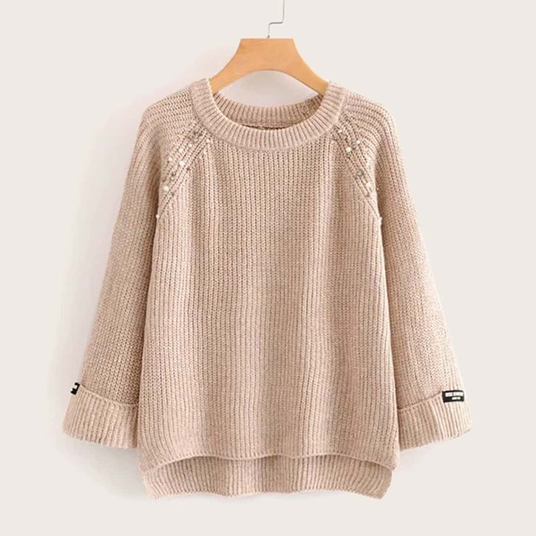 

Beaded Raglan Sleeve Ribbed Knit Sweater