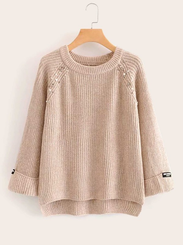 

Beaded Raglan Sleeve Ribbed Knit Sweater, Beige