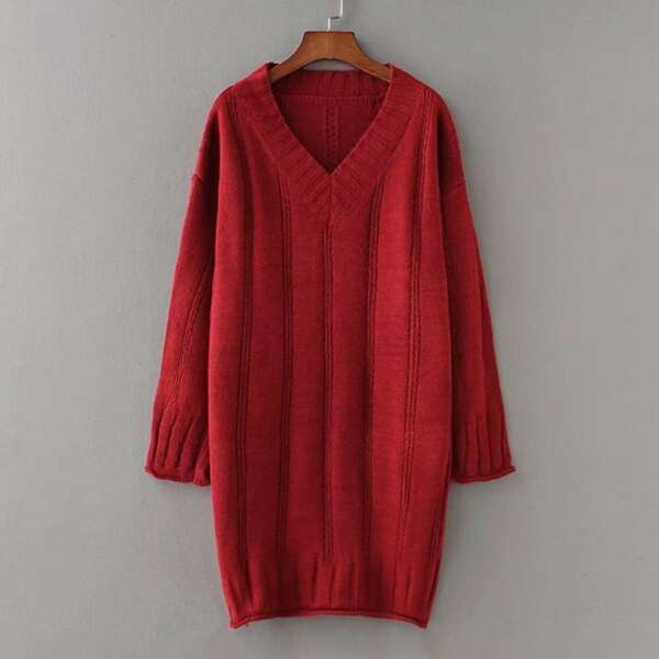 

V-Neck Solid Longline Pullover Jumper, Red