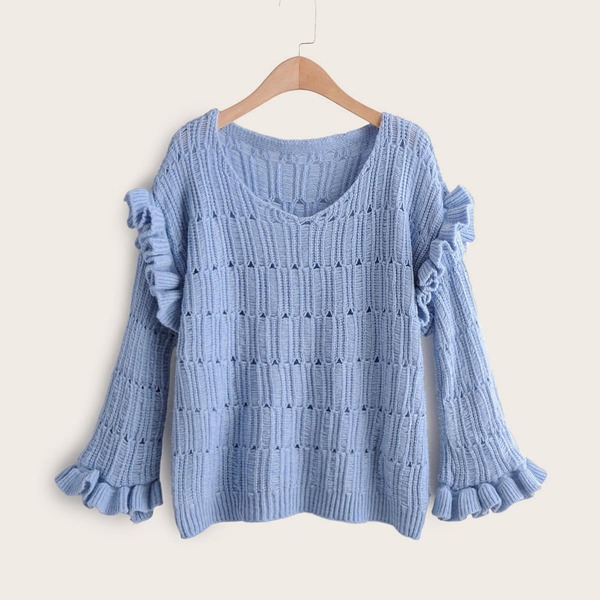 

V-Neck Ruffle Trim Flounce Sleeve Jumper