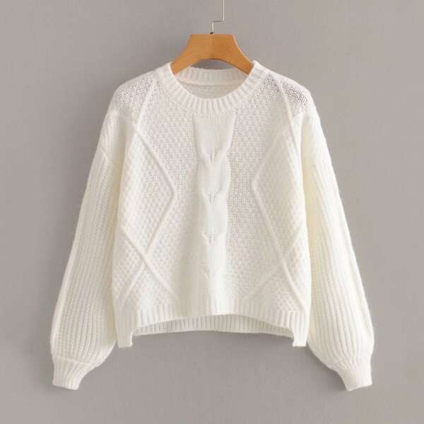 

Cable & Ribbed Knit Bishop Sleeve Sweater, White