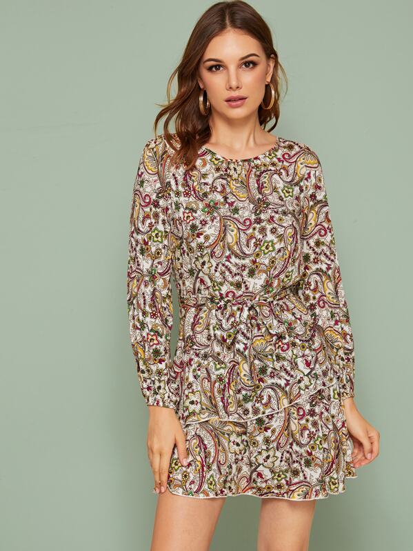 

Paisley Print Two Layer Belted Dress, Multicolor, Vlada