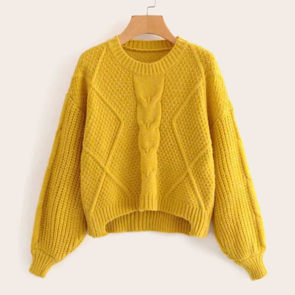 

Cable & Ribbed Knit Bishop Sleeve Sweater, Yellow