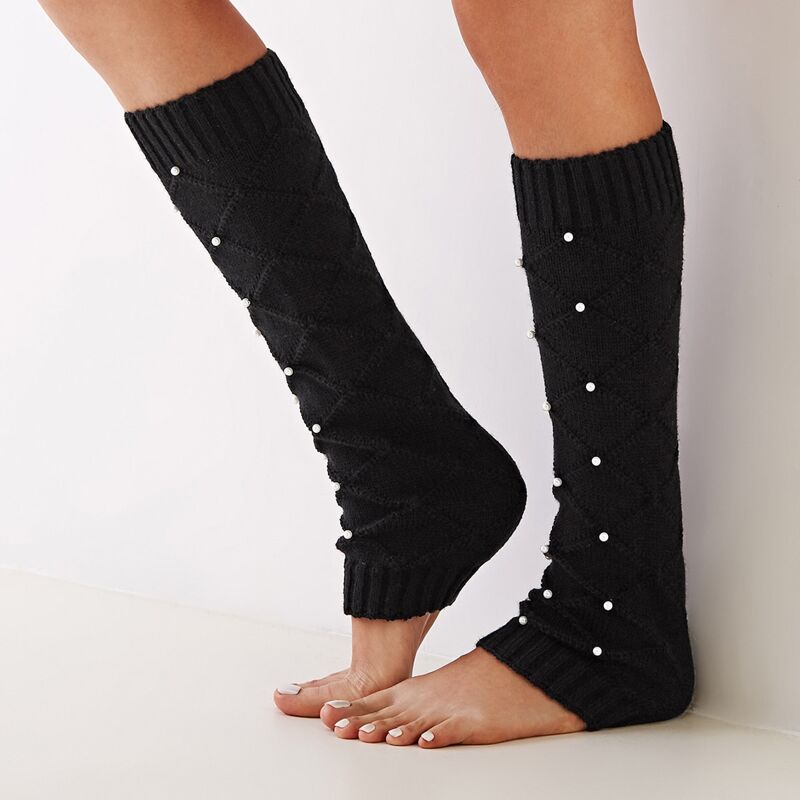 

1pair Open Toe Faux Pearl Decor Knit Long Socks, Black