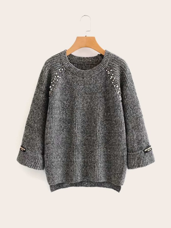 

Beaded Raglan Sleeve Ribbed Knit Sweater, Grey