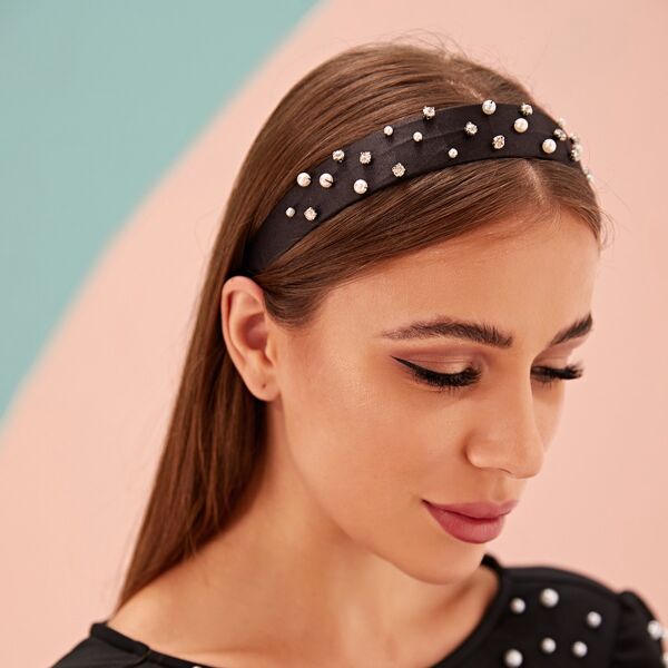 

Rhinestone & Faux Pearl Decor Headband, Black
