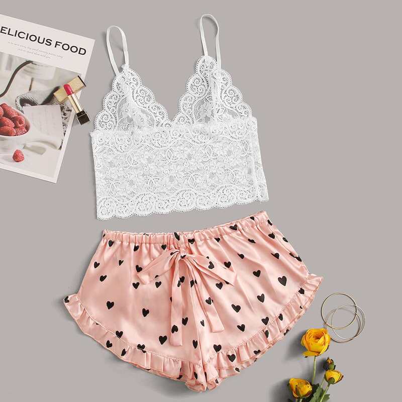 

Floral Lace Bralette With Heart Shorts, Multicolor