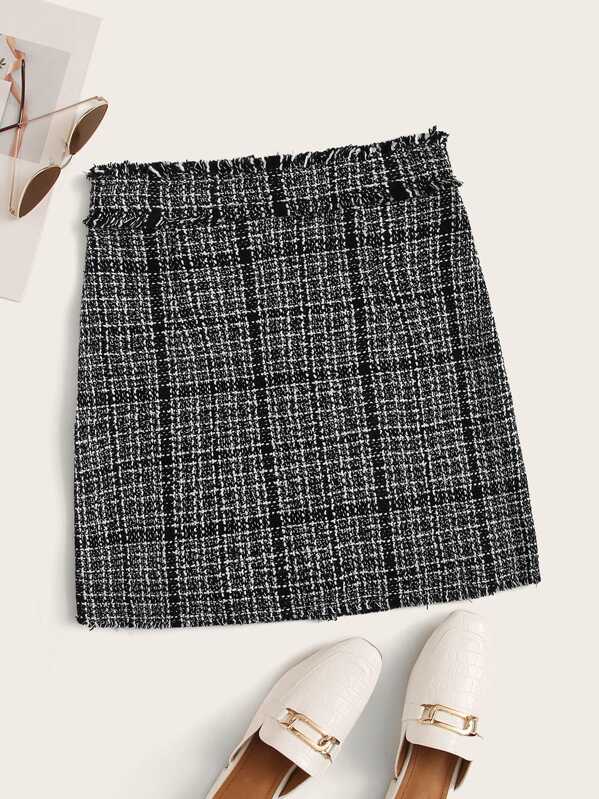 

Raw Hem Zipper Back Tweed Skirt, Black