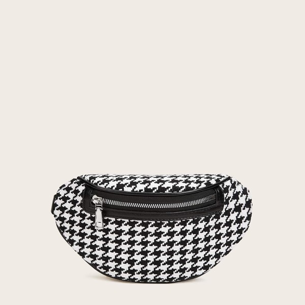 

Houndstooth Zip Front Fanny Pack, Black and white