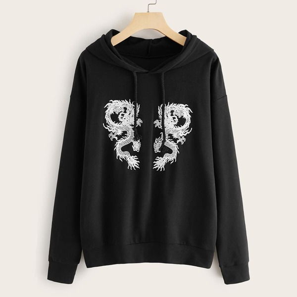 

Dragon Print Drop Shoulder Drawstring Hoodie, Black