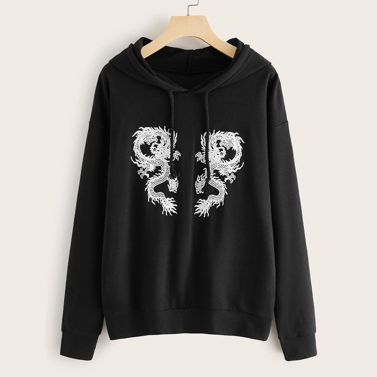 

Dragon Print Drop Shoulder Drawstring Hoodie, Black
