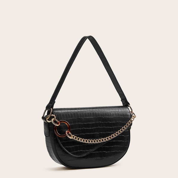 

Chain Decor Croc Embossed Tote Bag, Black