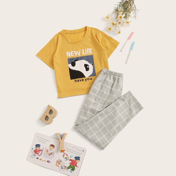 

Girls Panda Print Plaid PJ Set, Multicolor