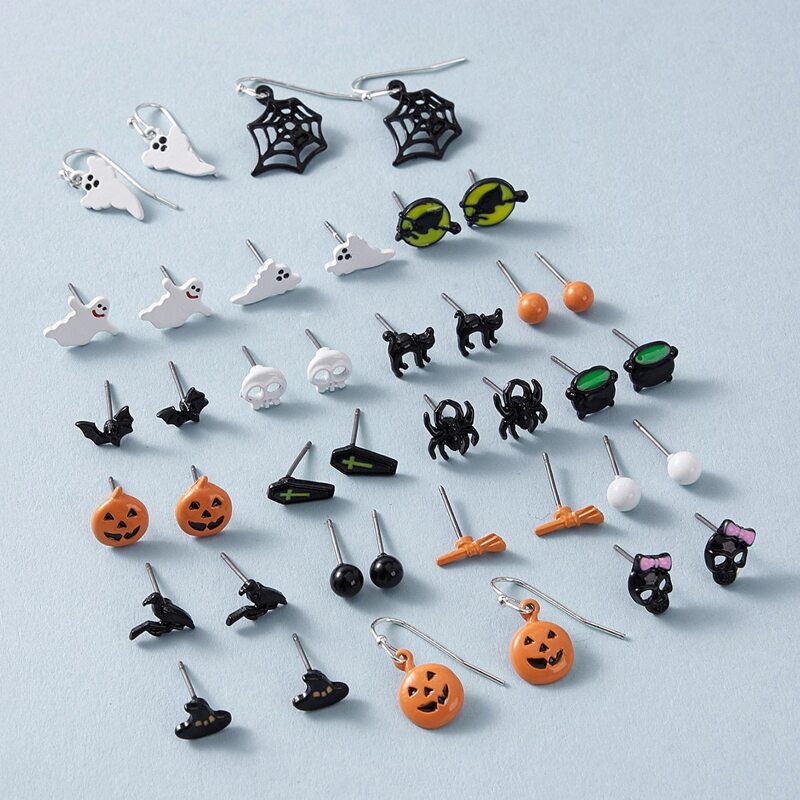 

20pairs Halloween Pumpkin & Skull Design Earrings, Multicolor
