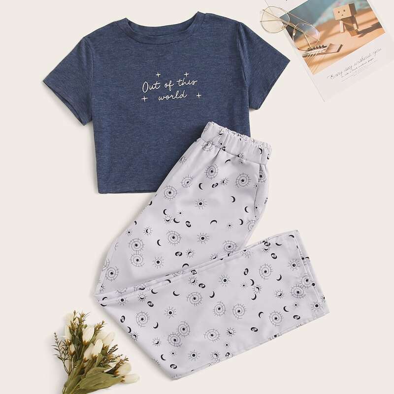 

Graphic & Letter Print Pajama Set, Multicolor