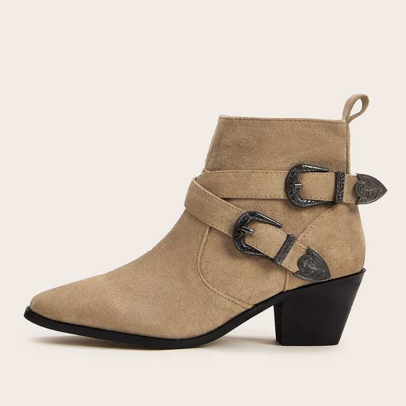 

Double Buckle Decor Side Zip Ankle Boots, Apricot