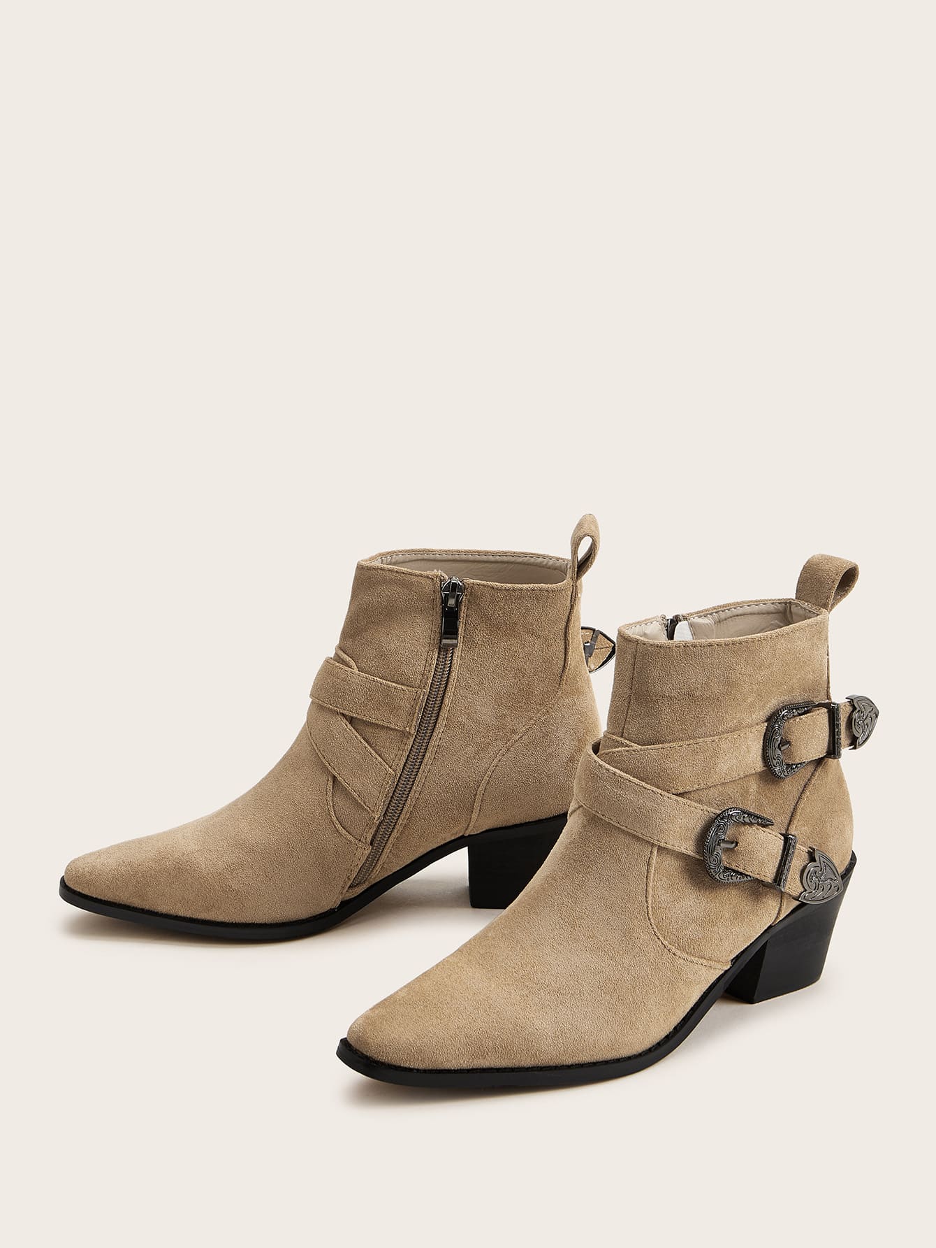 double buckle side zipper wedge boots