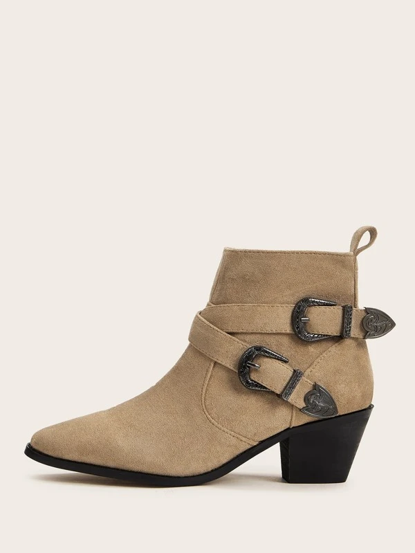 double buckle side zipper wedge boots