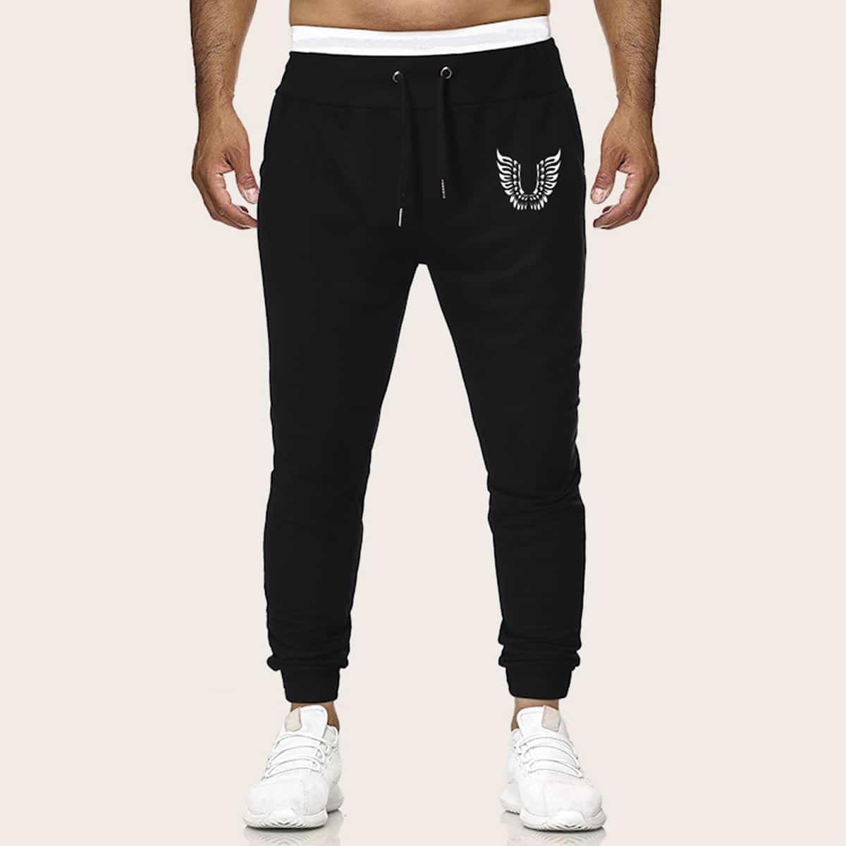Guys Graphic Drawstring Sweatpants, Black