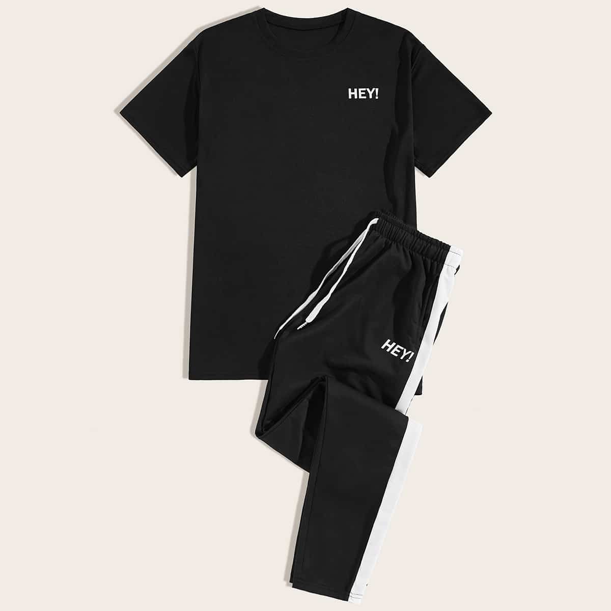

Guys Letter Graphic Tee With Contrast Panel Joggers, Black