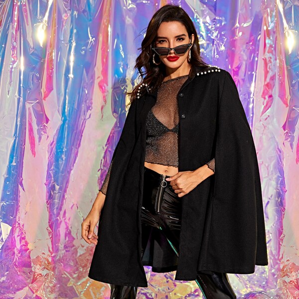 

Pearl Beaded Button Detail Cape Coat, Black
