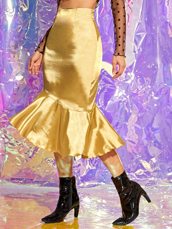 

Ruffle Hem Satin Mermaid Skirt, Gold, Juliana