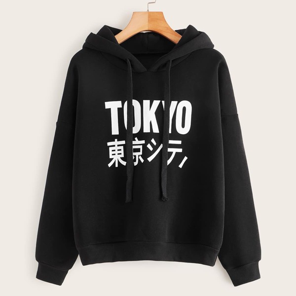 Letter Graphic Drawstring Hooded Sweatshirt, Black