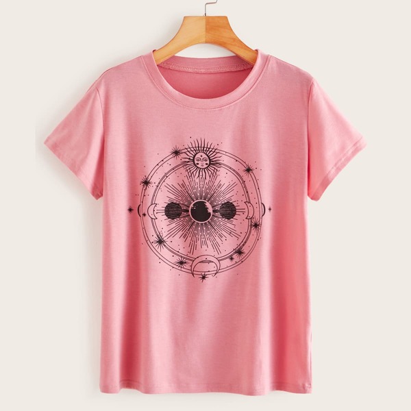 

Sun & Moon Print Round Neck Tee, Pink