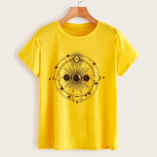 

Sun & Moon Print Round Neck Tee, Yellow bright