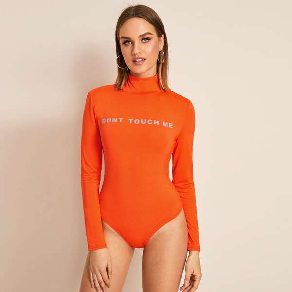 

Stand Collar Slogan Graphic Tee Bodysuit, Orange bright