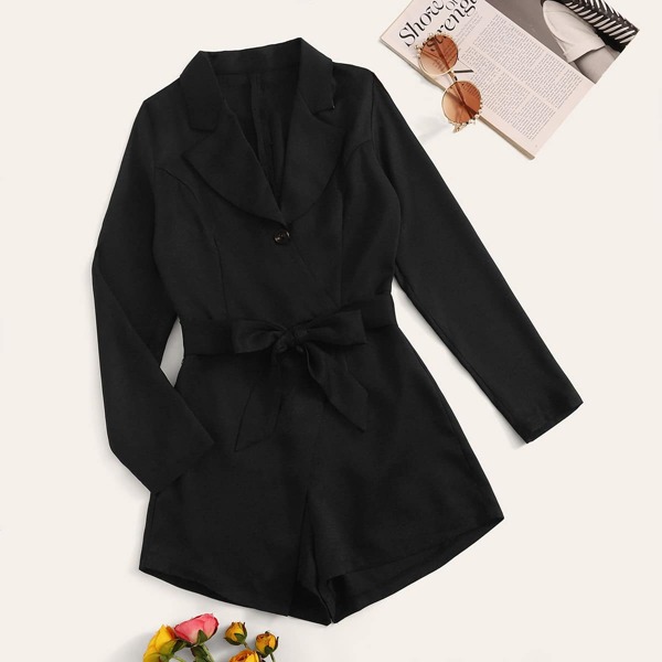 

Single Button Self Tie Blazer Romper, Black