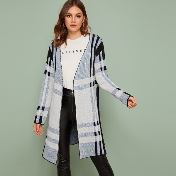 

Self Tie Open Front Plaid Cardigan, Multicolor