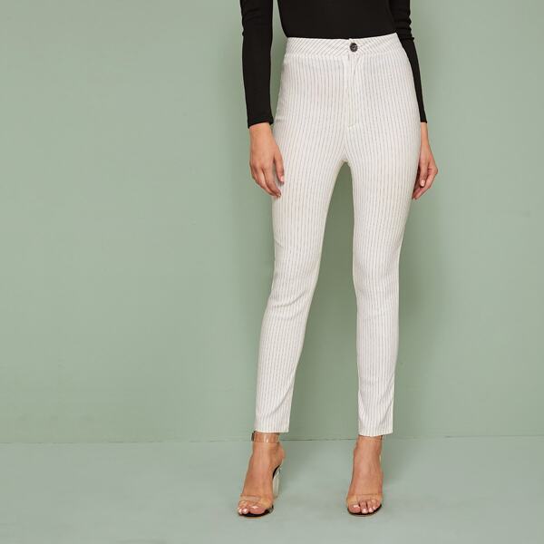 

Striped Button Fly Carrot Pants, White