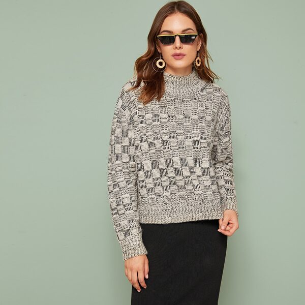 

Stand Collar Plaid Drop Shoulder Sweater, Grey