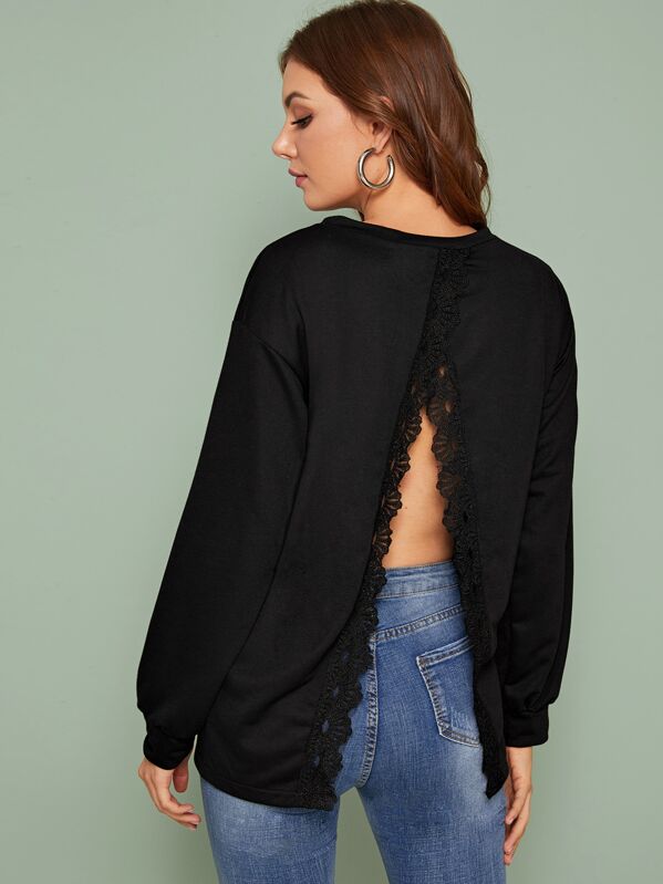 

Guipure Lace Panel Split Back Sweatshirt, Black, Vlada